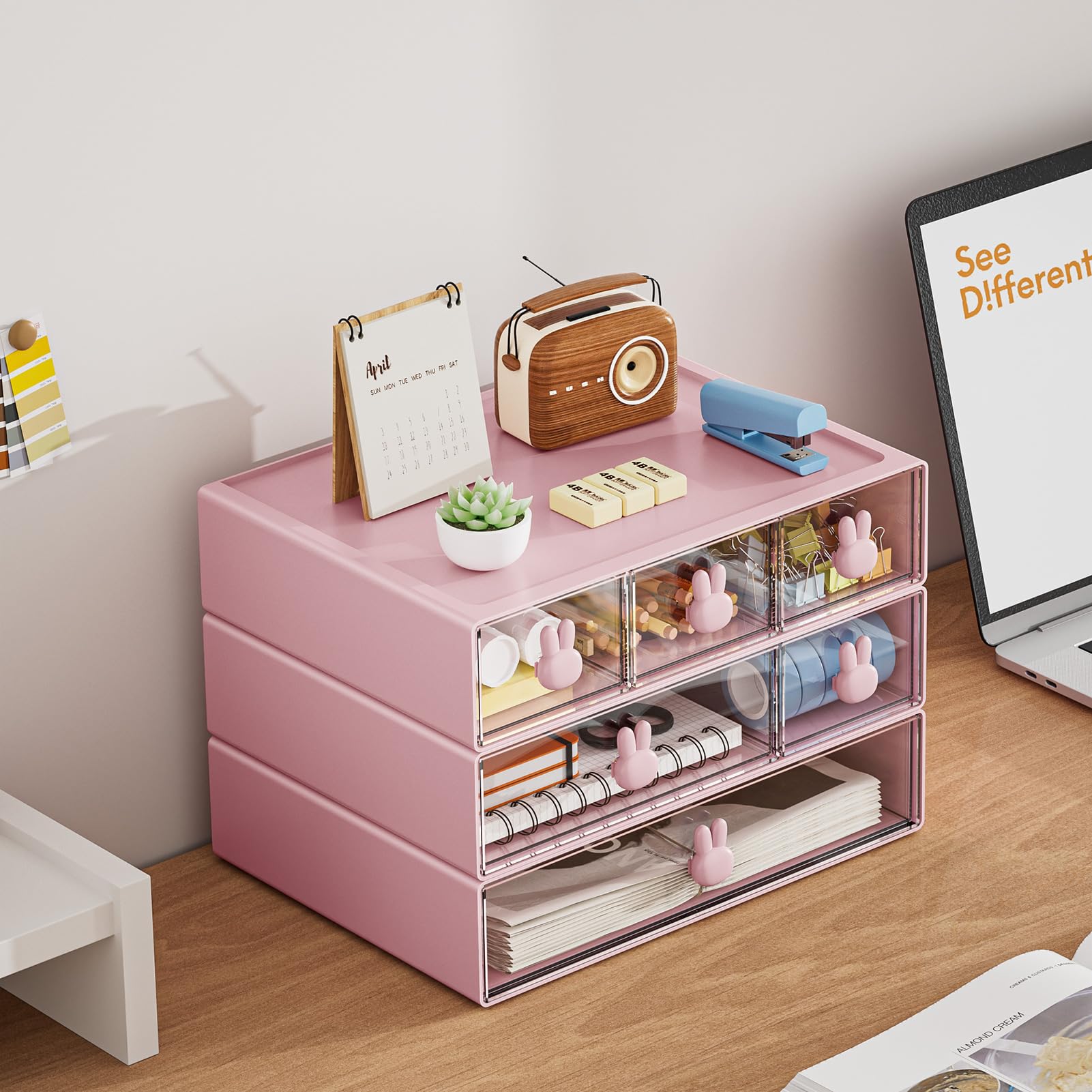 Photo 1 of Marbrasse Desk Organizer with 6 Drawers, 3 Tier Stackable Storage Drawers Plastic Makeup Storage, Office Organizers and Storage, Desk Storage Box for Office, School, Home Pink