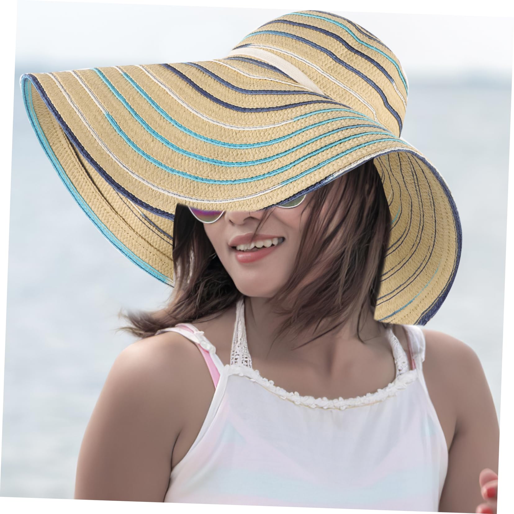 CALLARON Cappello da Spiaggia da Donna in Paglia, Visiera 17cm Pieghevole | Protezione Solare Intrecciato, Leggero e Portatile, Atmosfera Estiva, per Viaggio e Fotografia