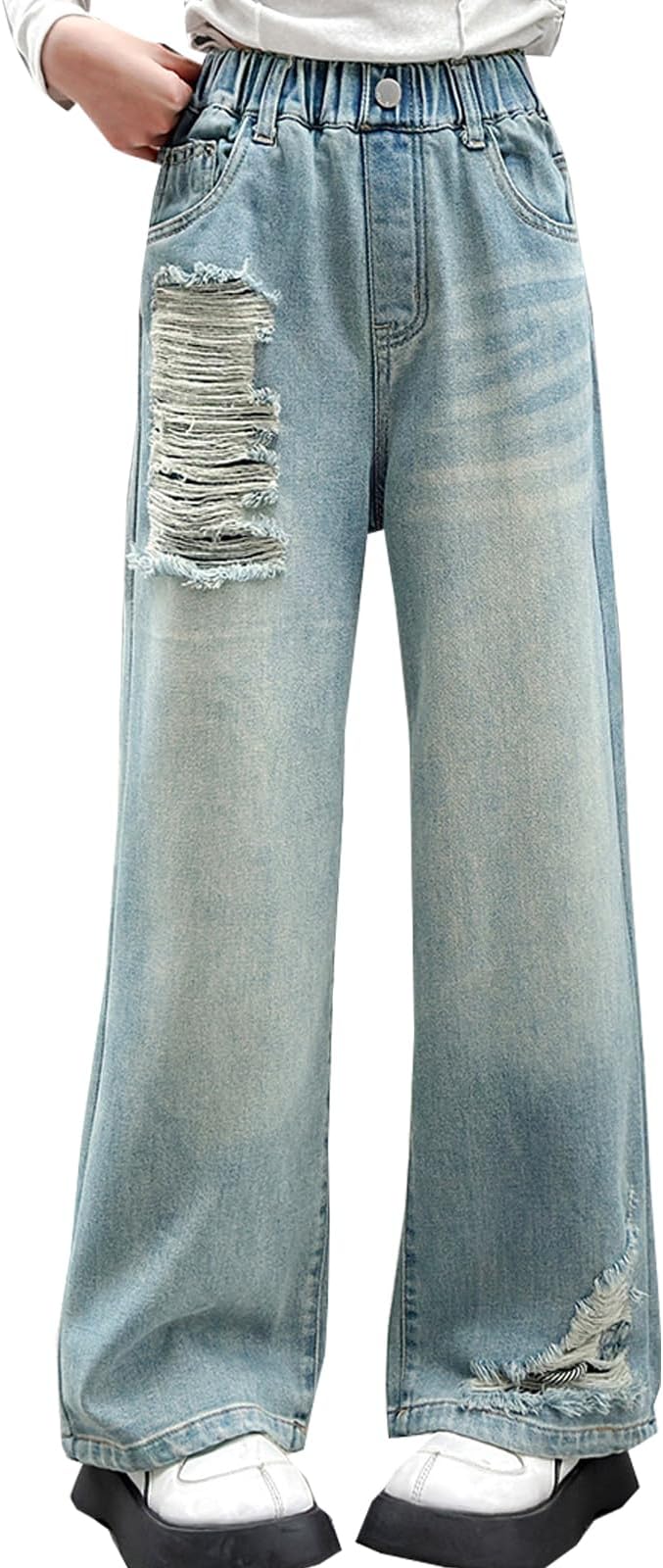 NABER Kids Girls Elastic Waist Cool Ripped Jeans Washed Denim Wide Leg Ripped Denim Jean Age 5-15 Years