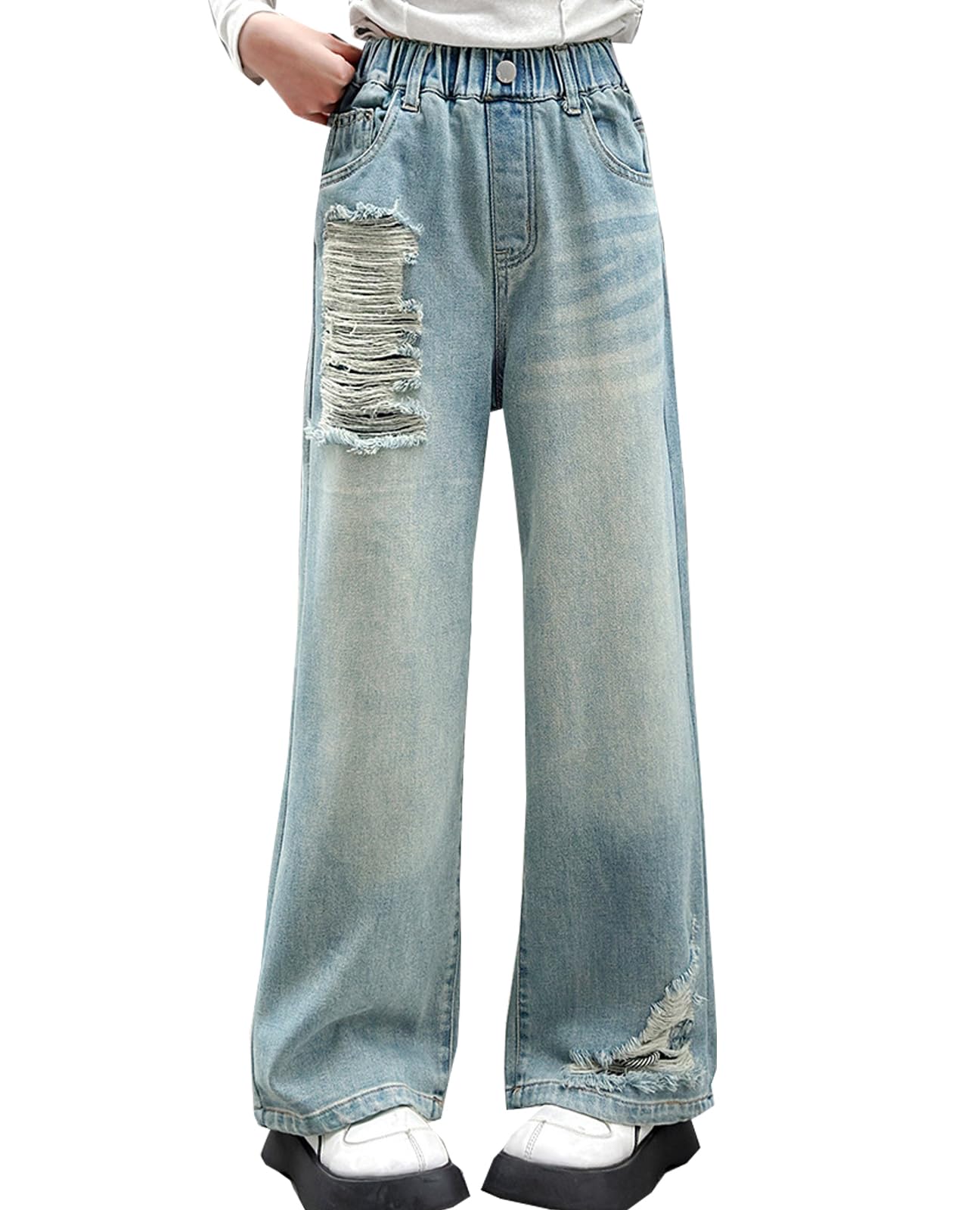 NABER Kids Girls Elastic Waist Cool Ripped Jeans Washed Denim Wide Leg Ripped Denim Jean Age 5-15 Years
