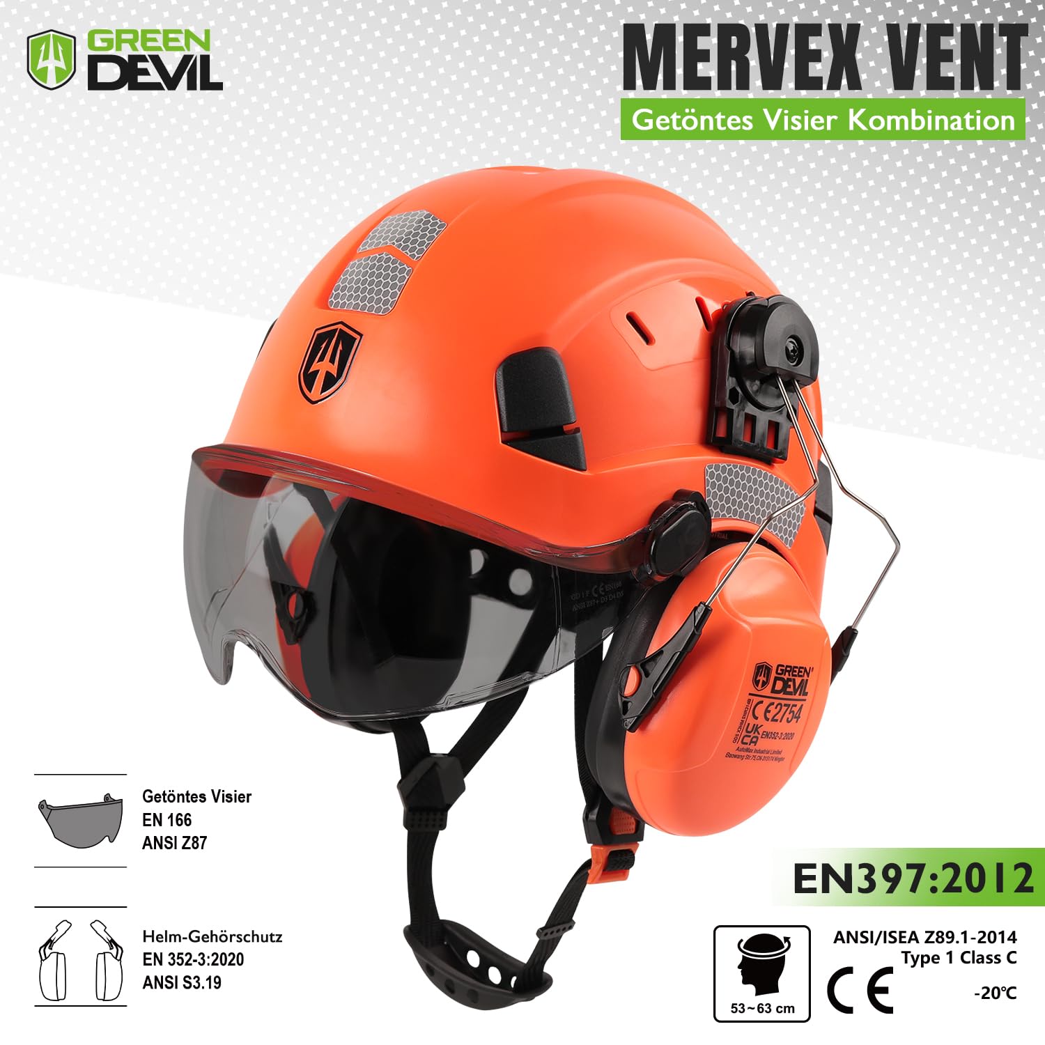 Casque De Protection GREEN DEVIL Avec Visière Et Protection Auditive - ABS, Réglable, Pour Chantier Et Industrie