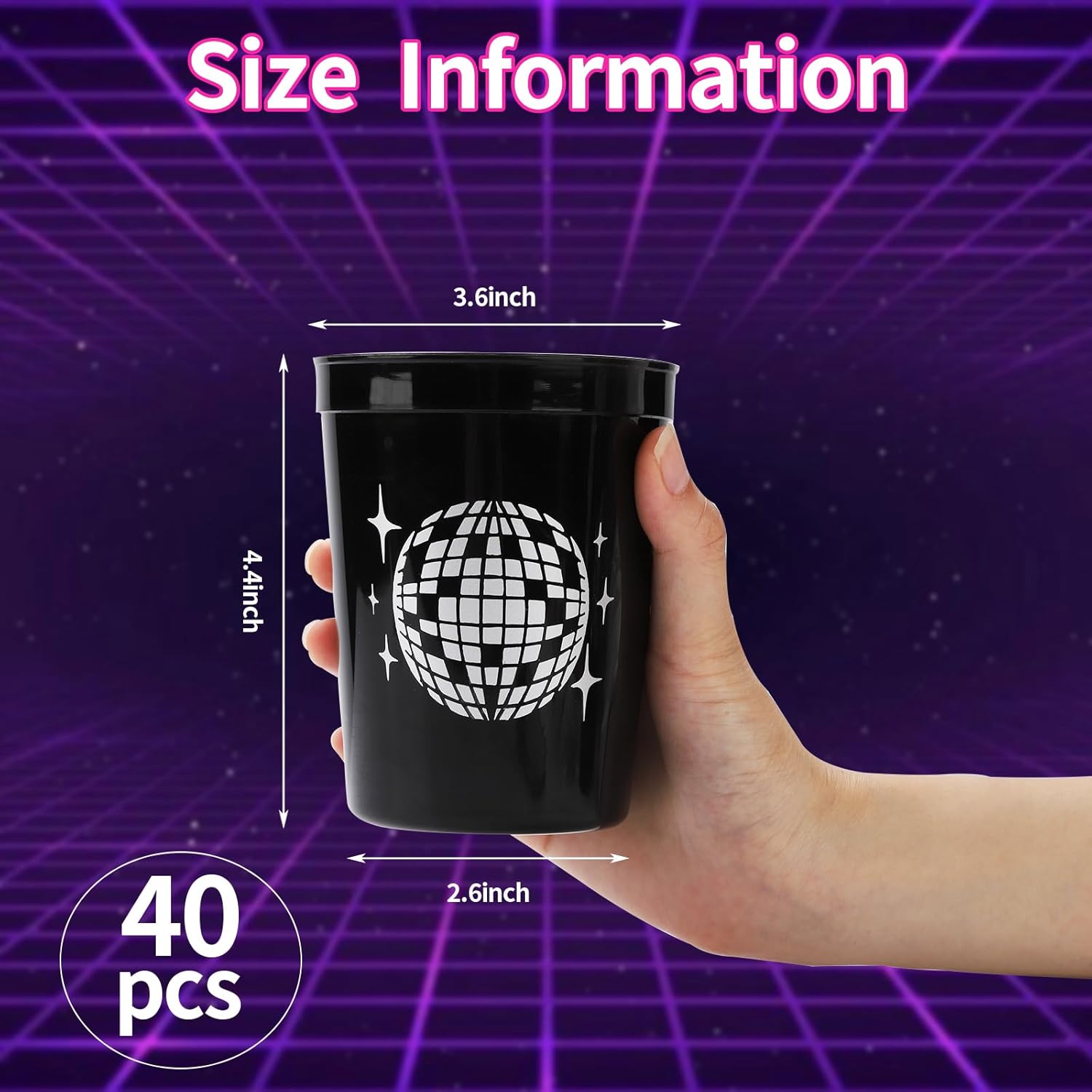 40 Pcs 16 oz Disco Ball Cups Black, Reusable Plastic Party Cups for Disco Cowgirl Bachelorette Birthday Wedding Bridal Shower 70s 80s 90s Party Favors Supplies(Black)