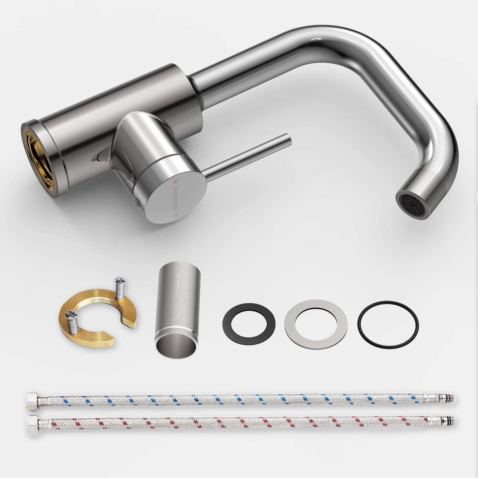 Wasserhahn Bad Hoch, 360° drehbare Waschbeckenarmatur mit Keramikkartusche, Edelstahl Waschtischarmatur Hoch mit Warm/Kaltwasser Mischbatterie Einfache Montage für Badezimmer/Gäste-WC Chrom