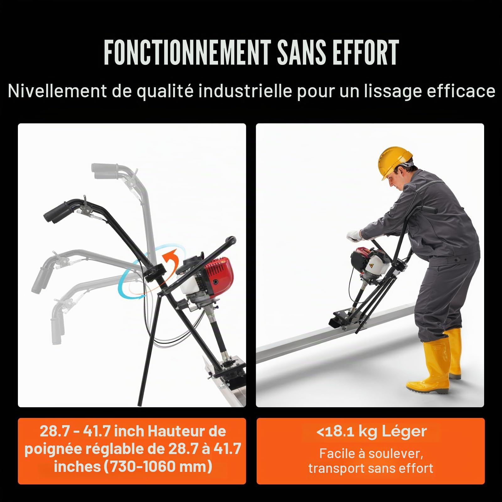 VEVOR Chape électrique pour béton à gaz 3370 mm kit flotteur barre aluminium 6500 tr/min finition ciment 4 temps poignées réglables