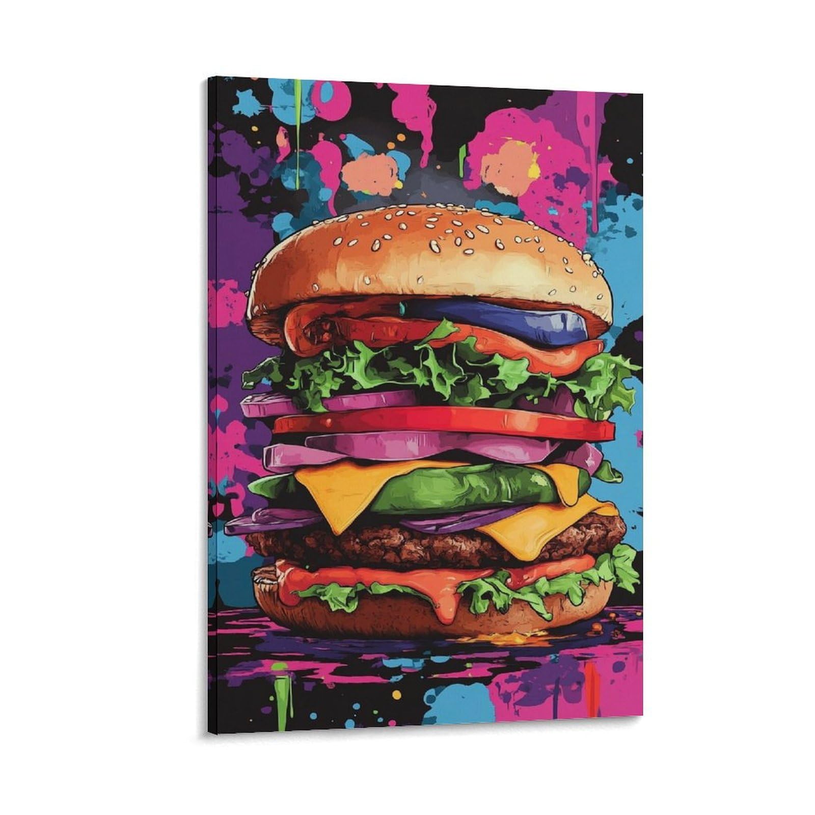 Phqazwsxe Frame-Style-1 Hamburger Wall Painting Wall Art Giclee Artwork Interesting Decorations Durable Canvas Uv Printing For Living Room 12X18inch(30X45cm)