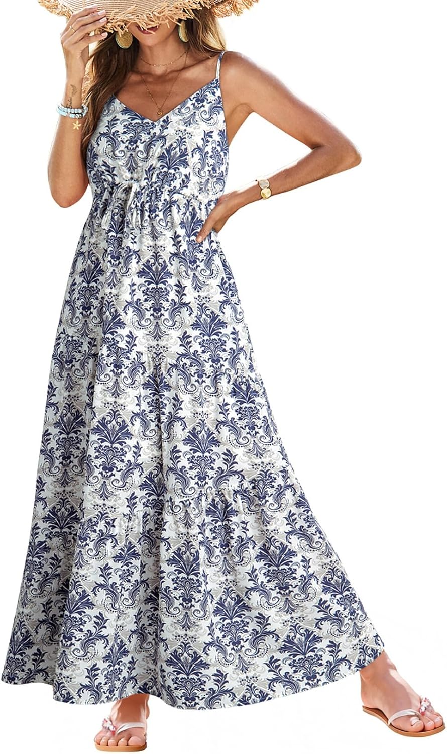 similar product black smallDokotoo Summer Dress Casual Womens Boho Dress Sleeveless Printed Long Tiered Maxi Dress Beach Dress 2025 Blue Small