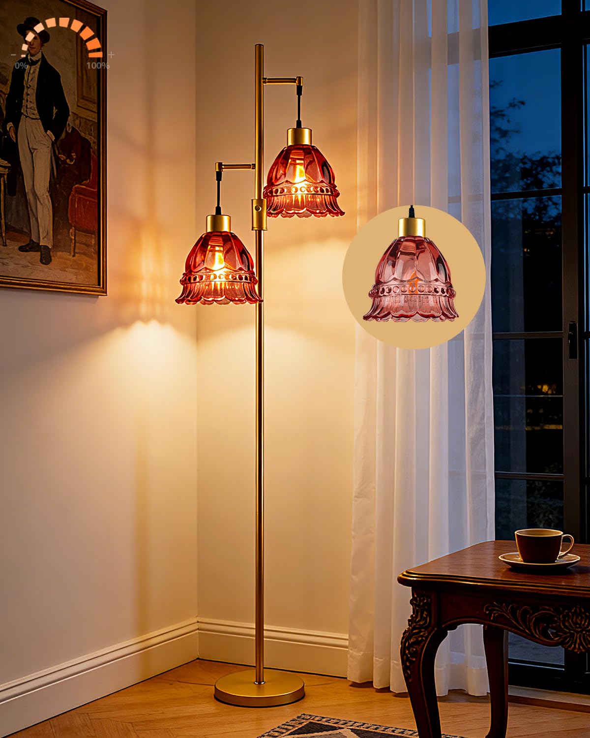 Photo 1 of Lightdot Dimmable Gold Floor Lamp with Red Flower Shade