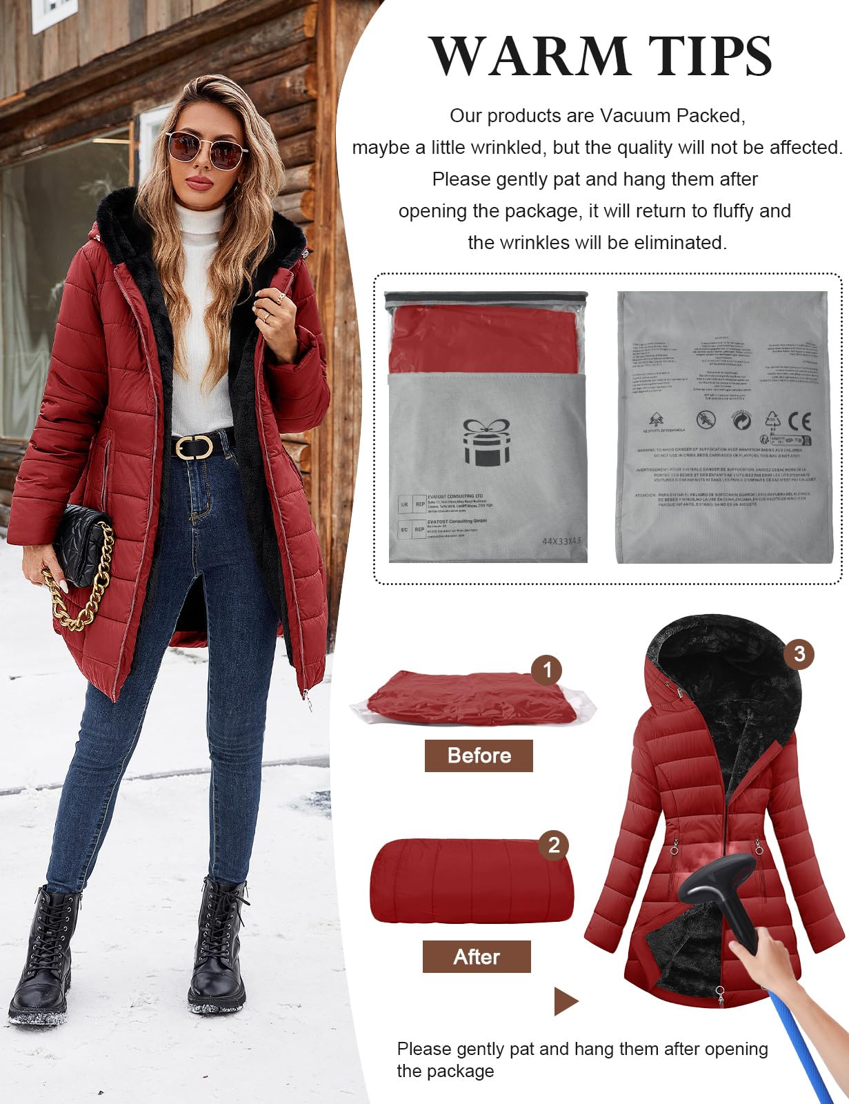 CMTOP Cappotto Donna Invernale Lungo Imbottito Parka Donna con Fodera in Peluche Cappuccio Regolabile Tessuto Idrorepellente Tasche con Zip e Polsini Antivento a Costine