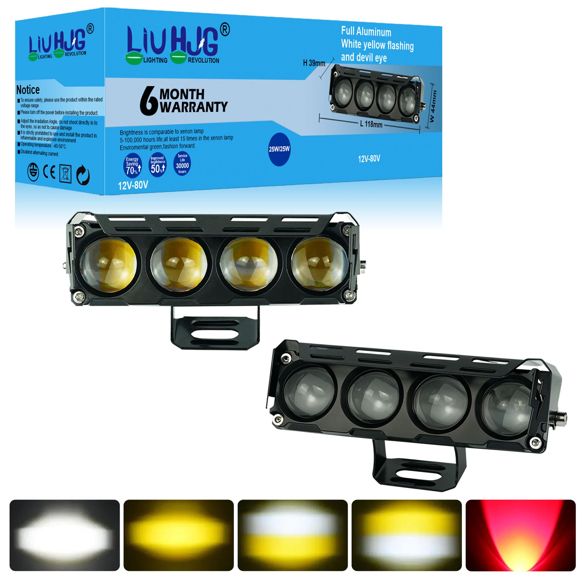 6 Months Warranty Powered By LIU HJG 4 LED Bar Powerful Focus LED Fog Light, 5 Modes White, Yellow, Red, Y&W, Y&W Flashing, With 12V-80V Bikes And Cars (PACK OF 2)