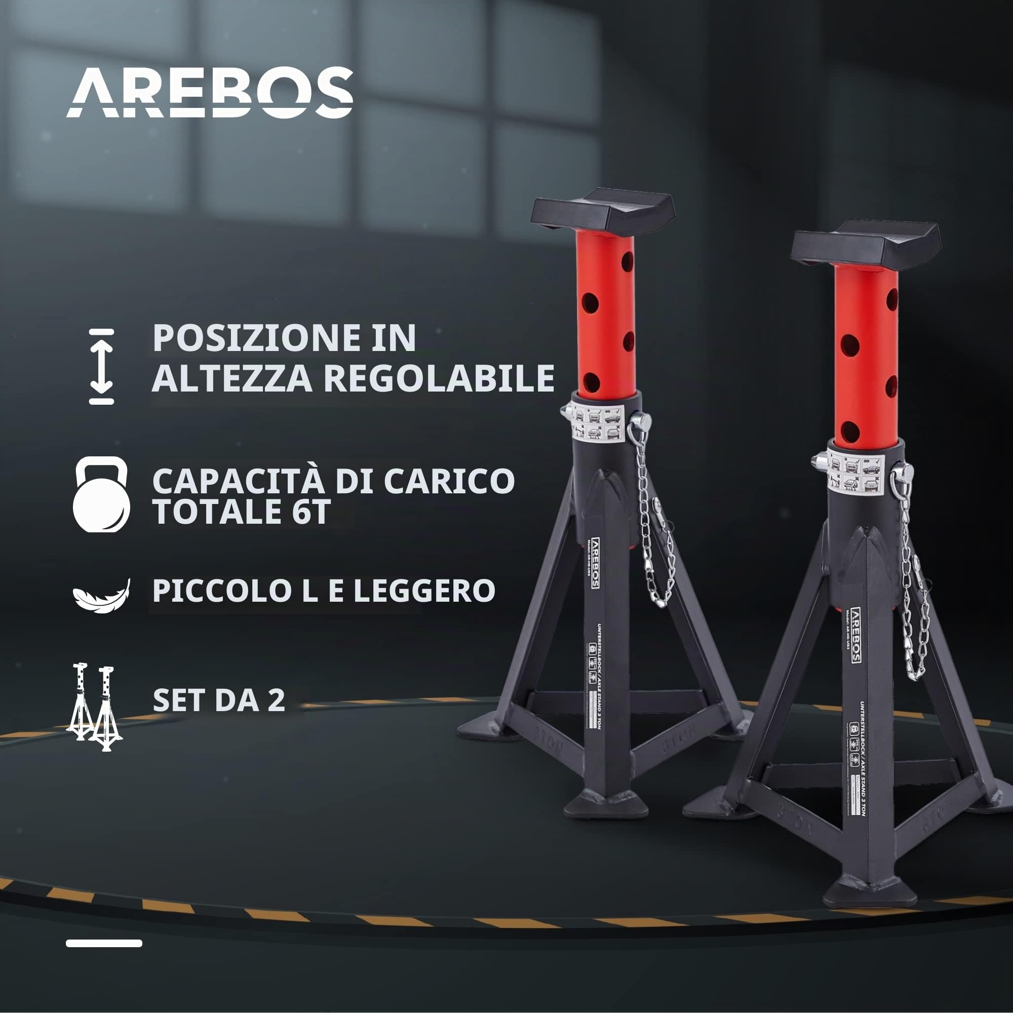 Arebos Martinetto Idraulico 3T con Pedale + 2 Cavalletti | Capacità 3 Ton | Sollevatore da Officina e Hobby | Jack Auto con 2 Supporti Stabili | Altezza Regolabile e Facile da Usare