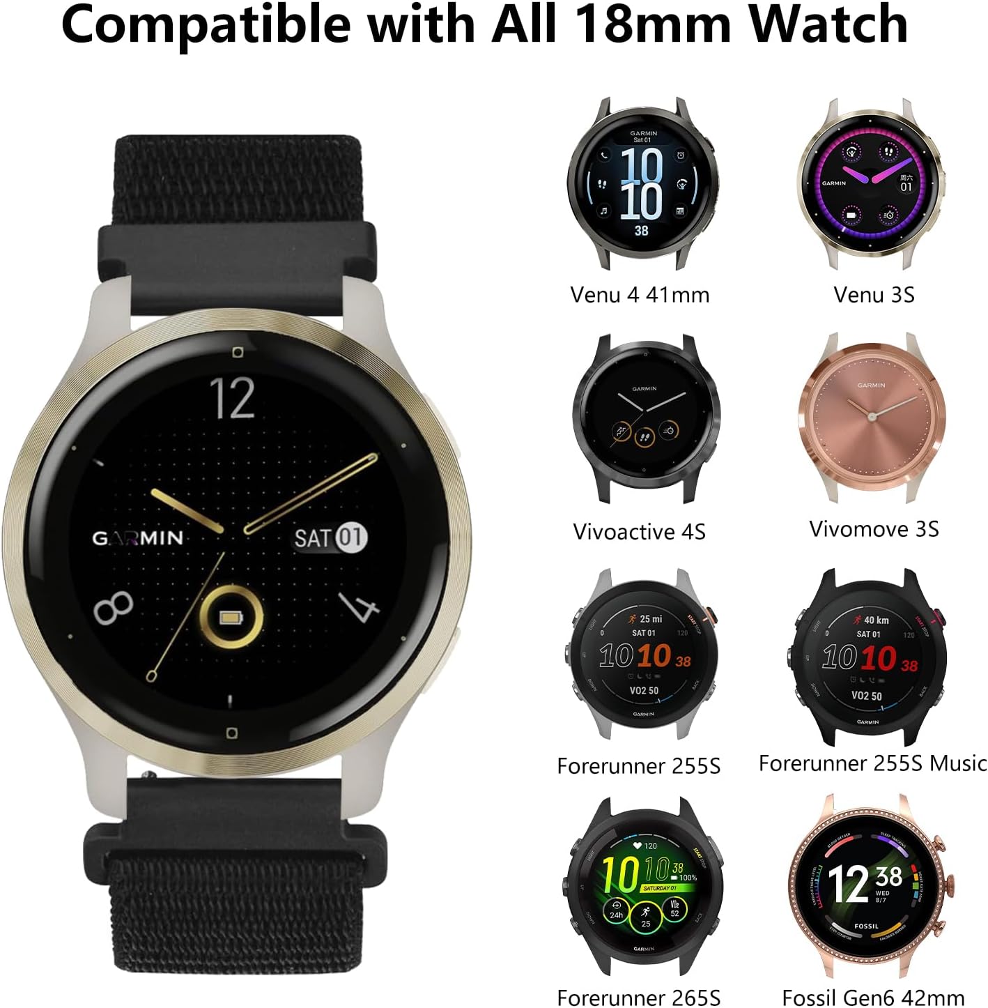 5 Pack 18mm Nylon Loop Sport Band Compatible with Garmin Vivoactive 4S/Venu 4 41mm/Vivomove 3S/Venu 2S/Venu 3S,Breathable Soft Watch Strap for Garmin Forerunner 265s/255S/255S Music Women Men image 4
