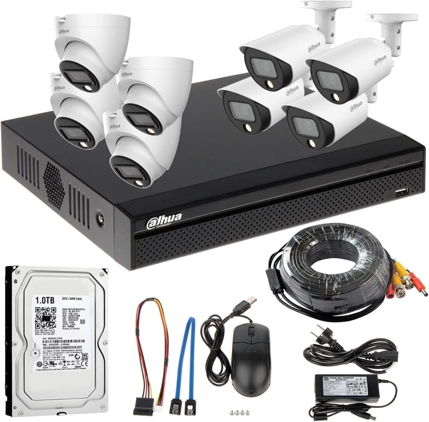 All components of the CCTV kit including DVR, cameras, HDD, cables, and mouse