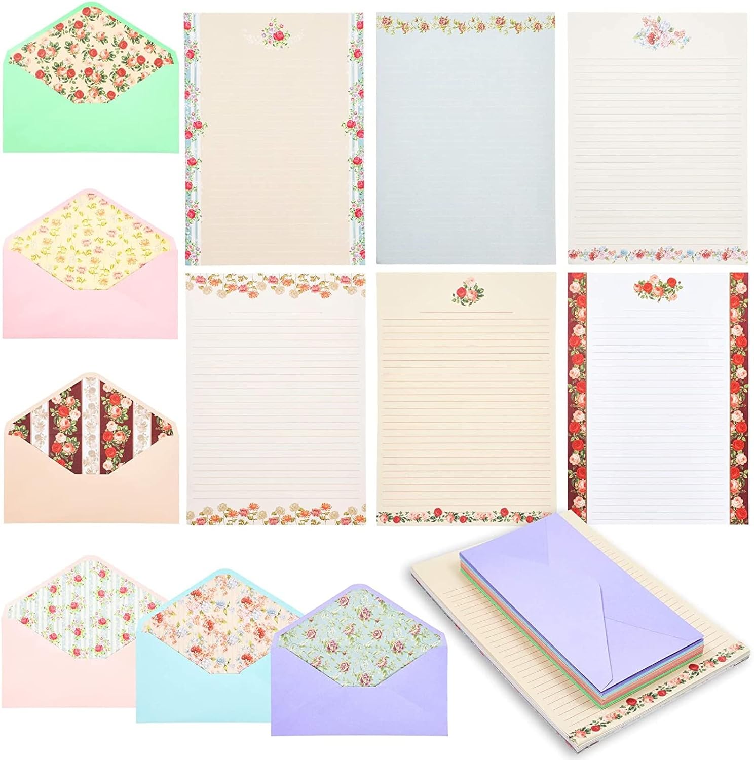 Floral Letter Writing Paper and Envelopes Set, Vintage Style, 60 Lined