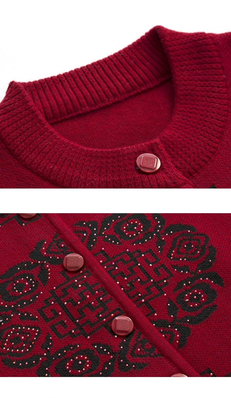 Cardigan Mujer Invierno,Suéteres De Punto Tipo Cárdigan para Personas De Mediana Edad Y Mayores Tops De Estilo Chino para Ancianas Tops De Lana De Invierno con Estampados Retro para Madres Chaque