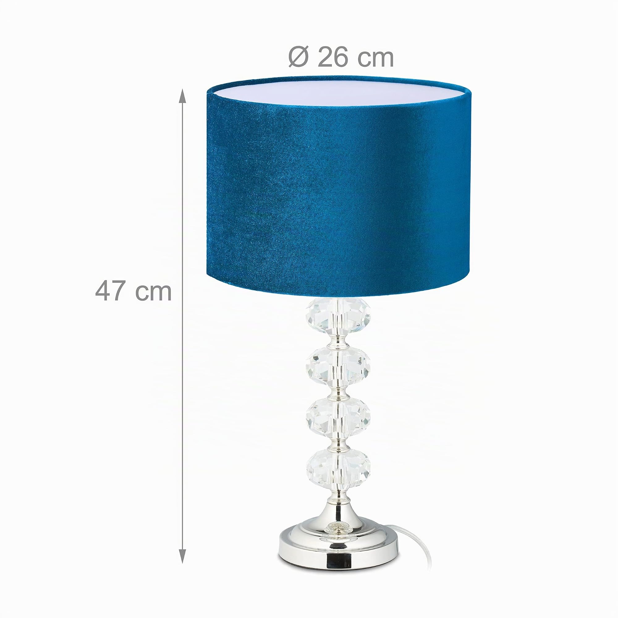 Relaxdays Tischlampe, Samt und Kristall, HxD: 47 x 26 cm, E14-Fassung, Nachttischlampe, indirekte Beleuchtung, blau