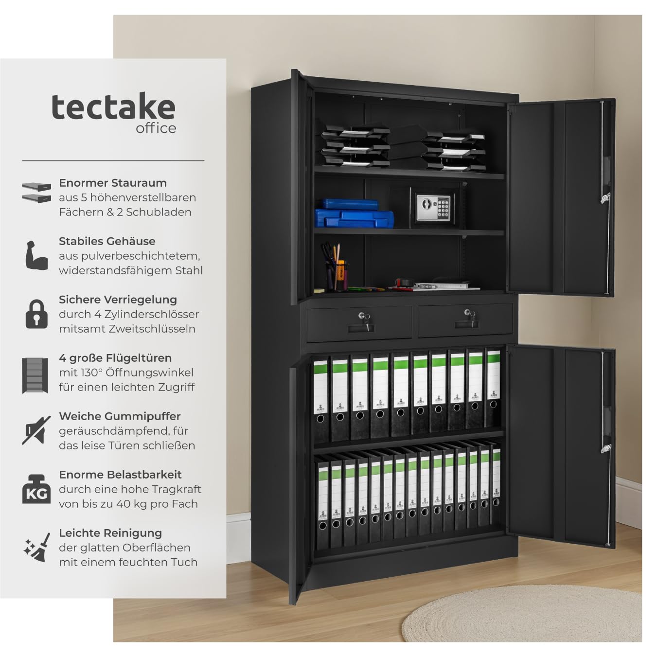 tectake® Aktenschrank, Mehrzweckschrank aus Stahl, Allzweckschrank, Aktenschrank abschließbar, 2 Schrankabteilen, 2 Schubladen, Türen und Schloss, Büroschrank, Werkzeugschrank, 180x80x40cm - schwarz