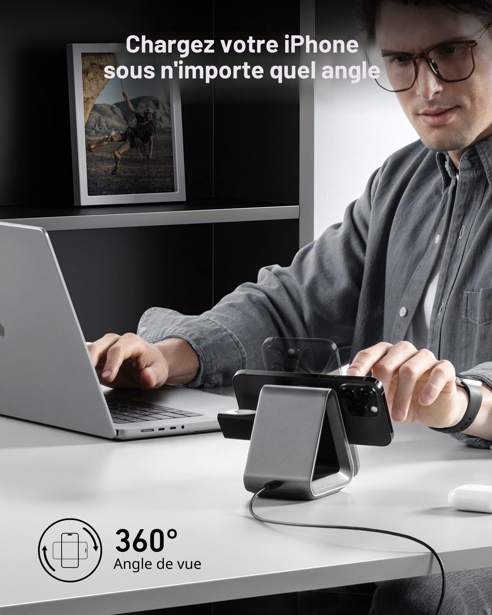 Chargeur MagSafe, Anker 737 MagGo Charger (Station 3-en-1) avec Charge Rapide 15 W Max certifiée MFi, pour iPhone 17/16/15 Series, Apple Watch S8/7/6, AirPods 3 / Pro (Chargeur USB-C 30 W Inclus)