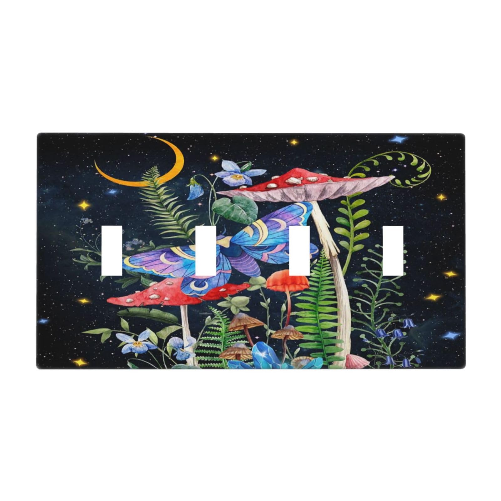 Moon Snail Boho Moth Mushroom Moon 4 Gang Quad Toggle Device Decorator Light Switch Cover Black Moth Witchy Botanical Plant Galaxy Night Starry Wall Plate Decorative Electrical Faceplate Switchplate