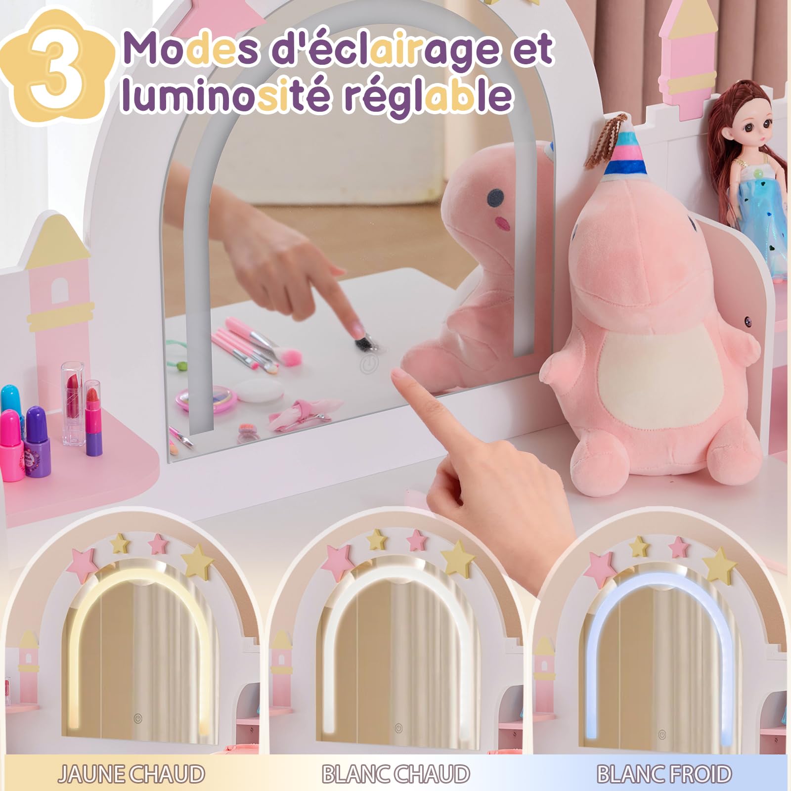 LALAHO 2 en 1 Coiffeuse pour Enfants et Miroir LED, Coiffeuse Fille avec Tabouret，Bibliothèque pour Enfants, Tiroirs en Tissu et Tiroirs en Bois, Crochets à Bijoux，pour Les 4-9 Ans (Blanc & Rose)