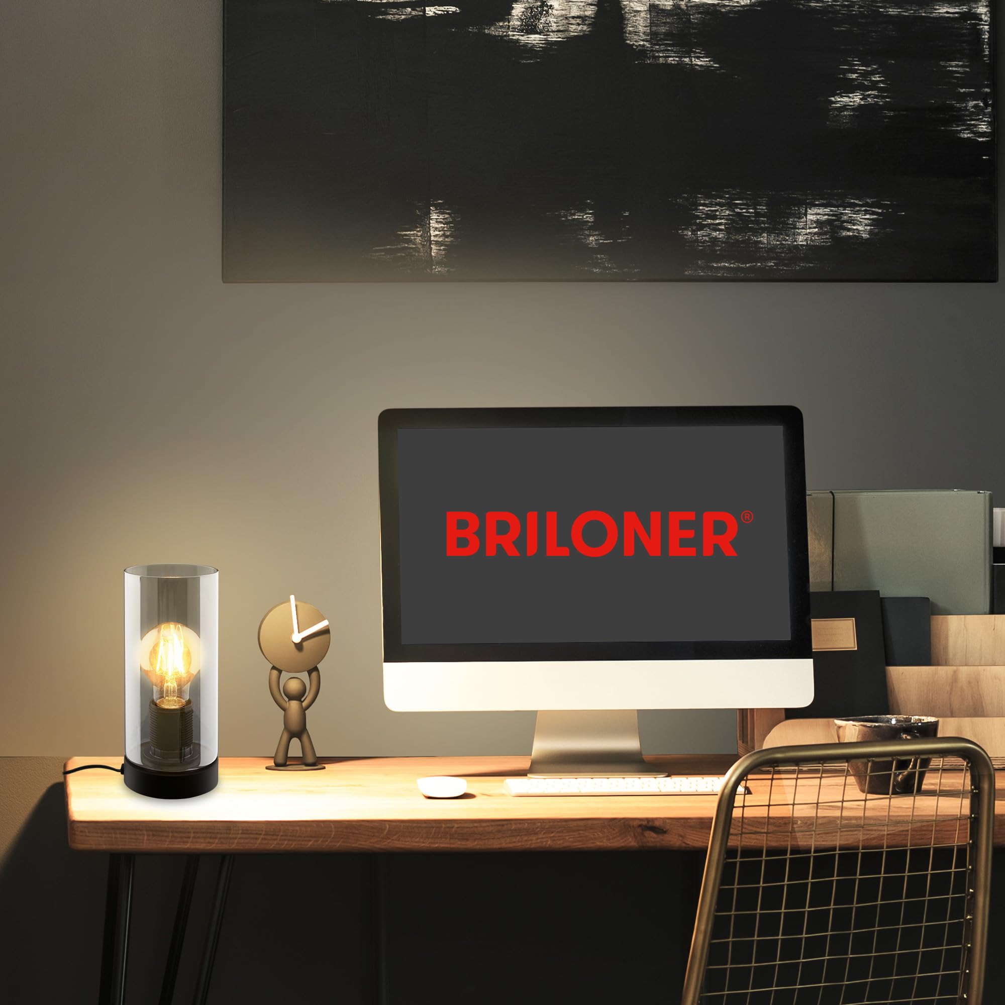 BRILONER - Lampka nocna, szkło dymne, przełącznik przewodowy lampa biurkowa, lampa stołowa E27 do domowego biura, lampka do czytania, czarna