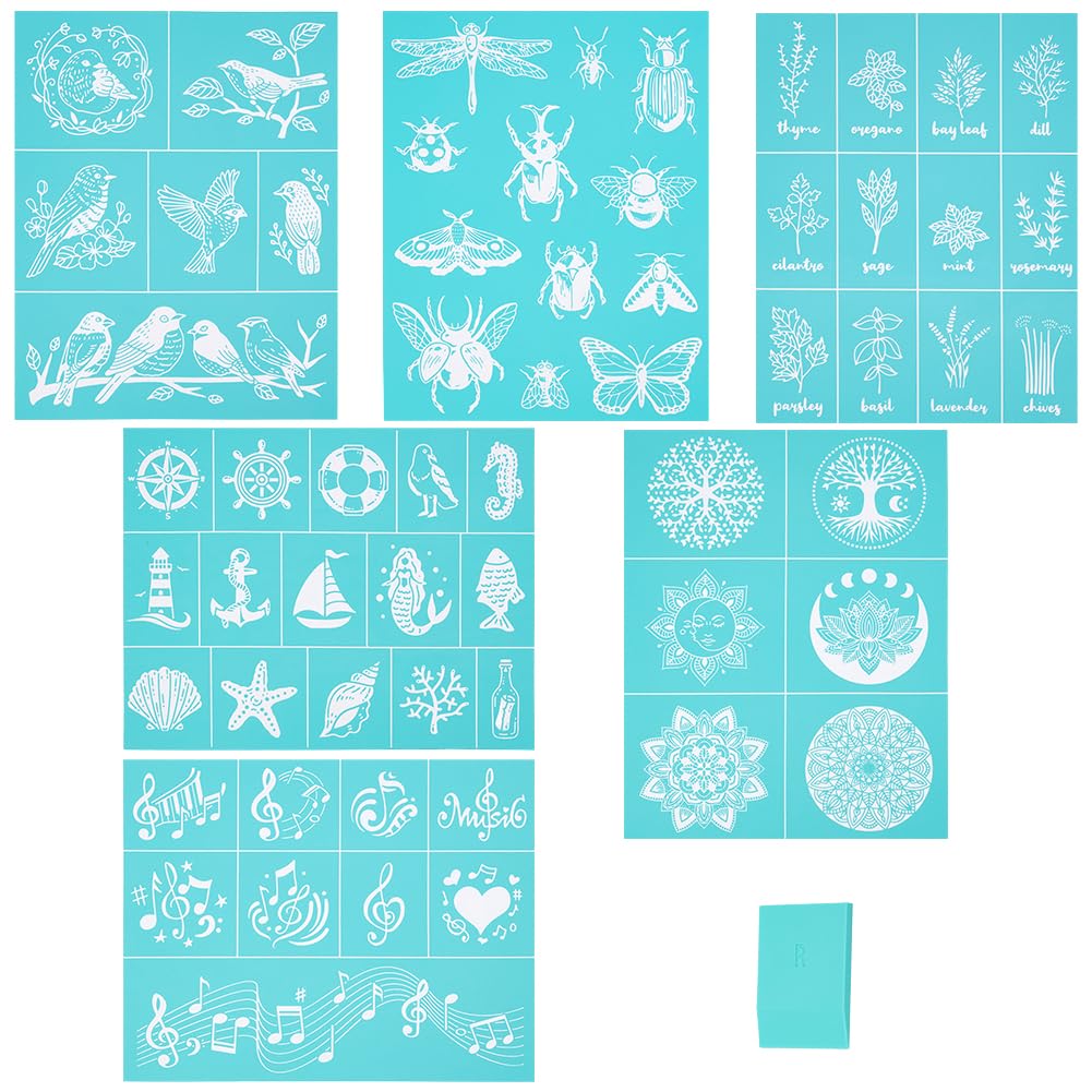 OLYCRAFT 6pcs Self-Adhesive Silk Screen Printing Stencil Music Note Silk Screen Stencil Mandala Tree Stencils Reusable Lotus Mesh Transfer with 1pc Scraper for Painting on Wood DIY T-Shirt Fabric
