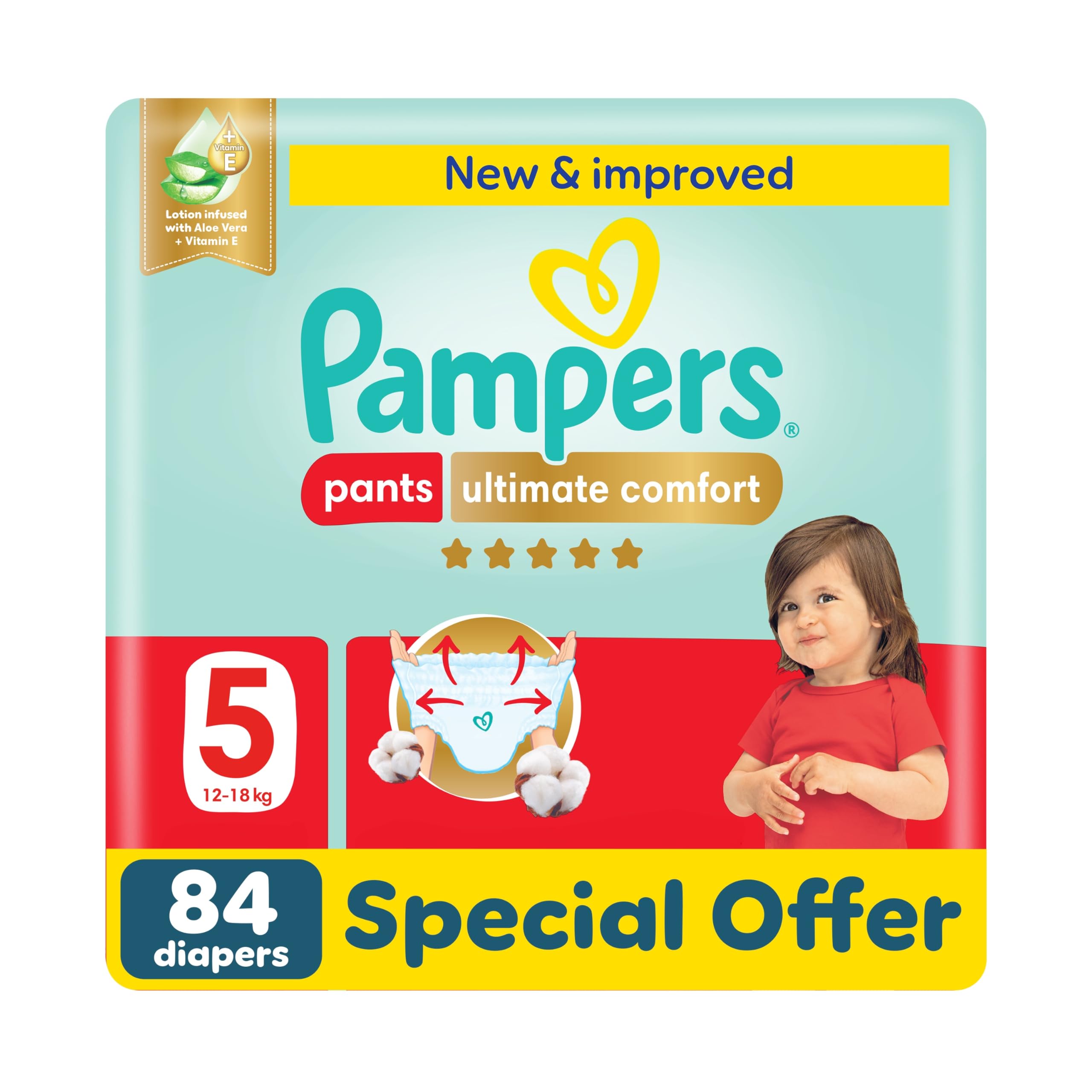 Pampers Ultimate Comfort Pants Diapers, Size 5, 12-18kg, Lotion infused with Aloe Vera and Vitamin E, Cottony Soft Fit for up to 100% Leakage Protection, Super Saving Pack, 84 Count