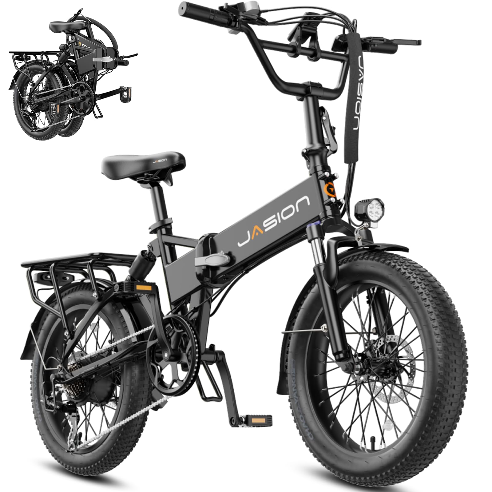 Jasion EB7 20" Foldable Electric Bike Fat Tire for Adults, 1200W Peak, 48V Removable UL-Certified Battery, 28MPH 55 Mi Range Commuter Electric Bike with Dual Suspension for City,Beach,Snow,Mountain
