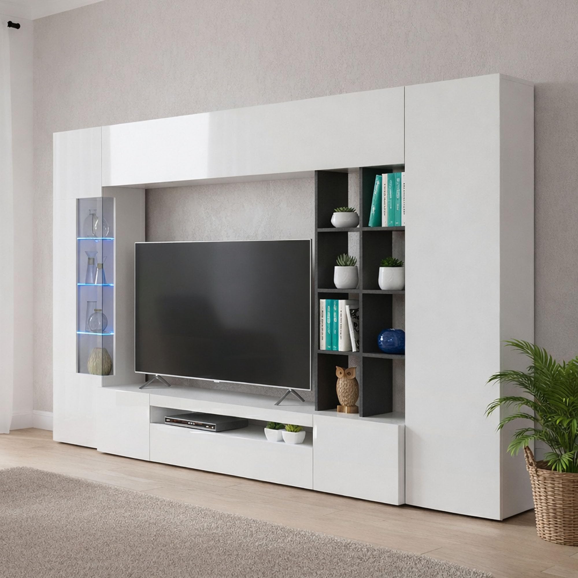 Dmora Parete Attrezzata Ocean 40x290x192h cm Bianco Lucido 20 Ripiani 24 Vani, 6 Ante Made in Italy
