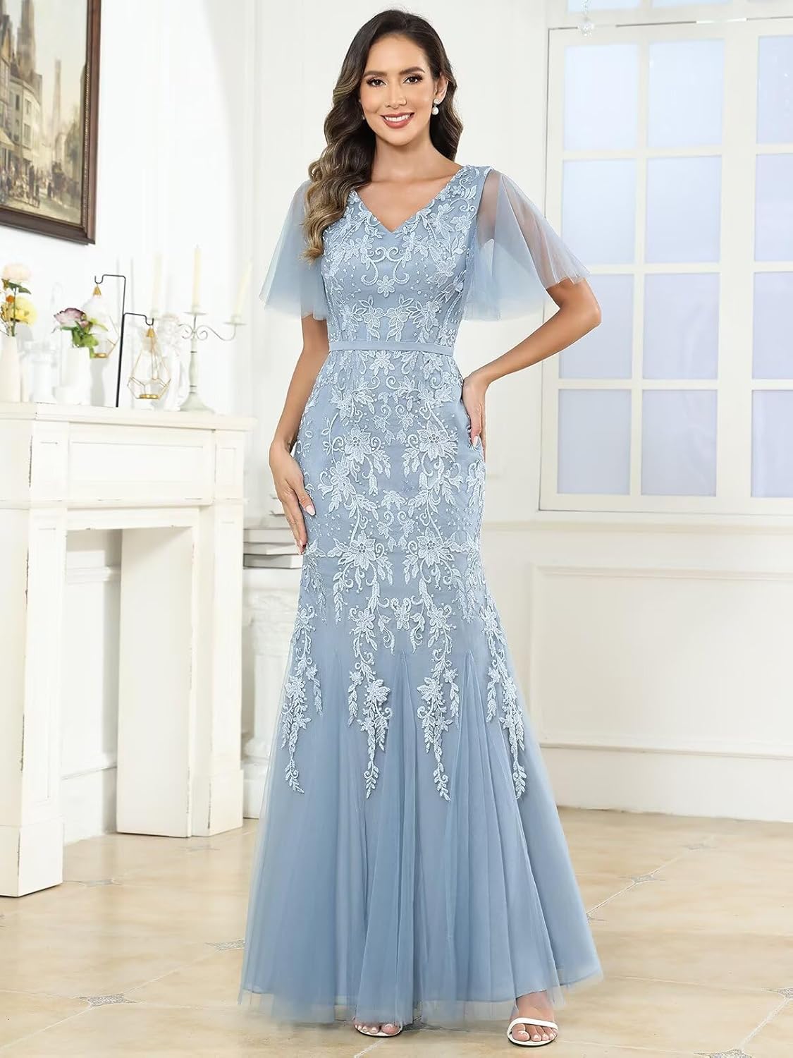 Short Sleeve Mother of The Bride Dresses for Women Mermaid Lace V Neck Long Formal Wedding Guest Dress