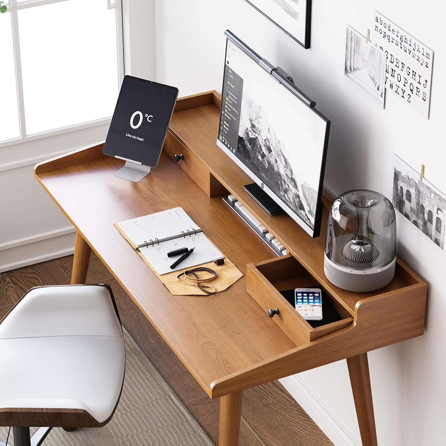 Mid Century Modern Desk, 51" Wood Home Office Writing Computer or Laptop Desk with Monitor Stand Riser and Open Storage Cubby, Vanity Desk with 2 Drawers (51.2"×25.6")