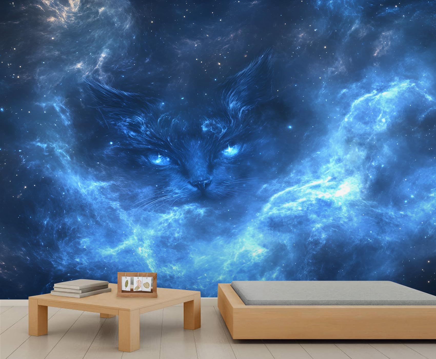 Papier peint chat bleu rêveur haut de gamme pour salon et chambre
