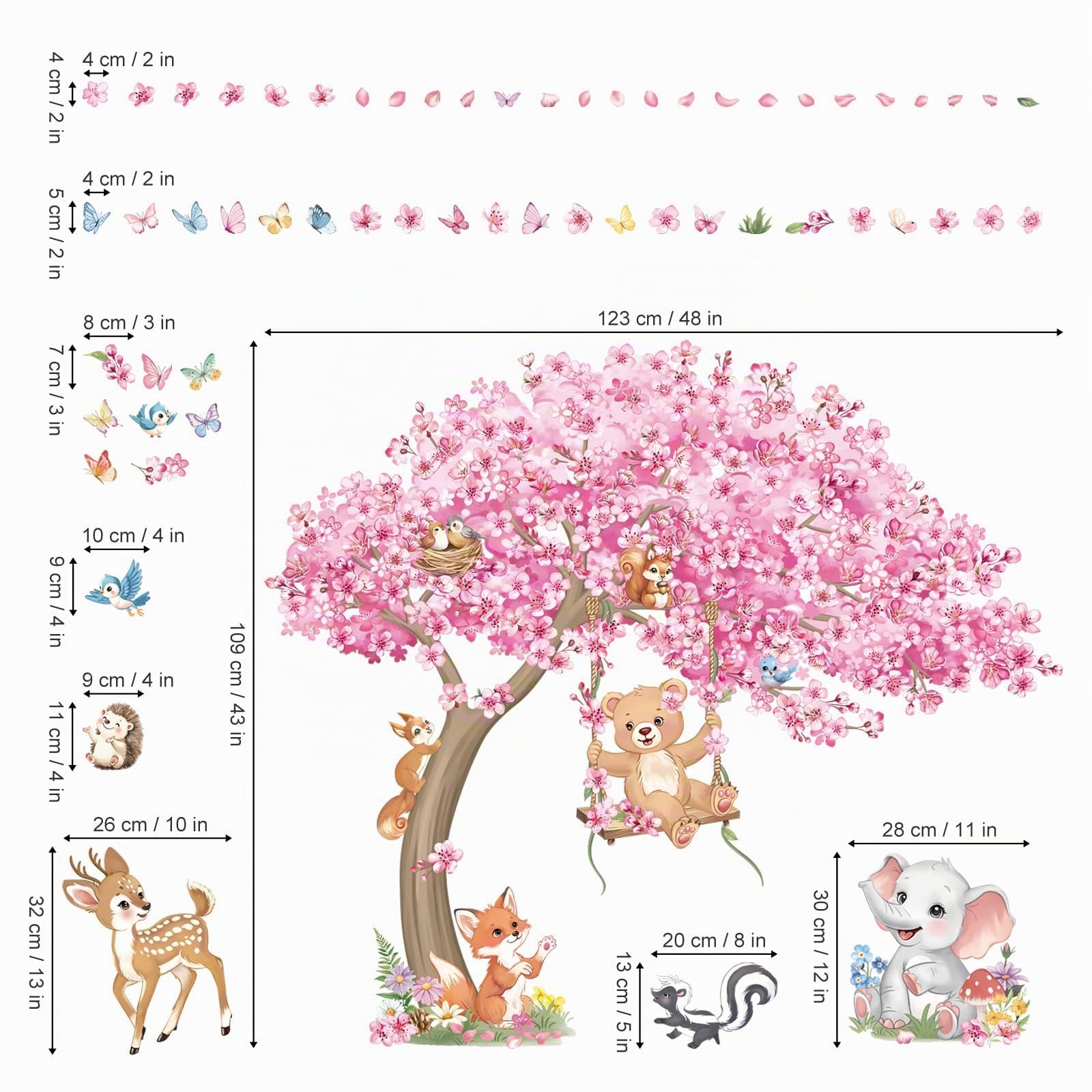 decalmile Stickers Muraux Animaux Bois Arbre Fleur de Cerisier Grand Autocollant Mural Animaux Forêt Cerf Renard Fleurs Rose Décoration Murale Bébé Fille Chambre Enfants Pépinière