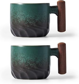 Ceramic Coffee Mugs with Wooden Handle, Ceramic Tea Mugs, Demiasse Mugs for Coffee or Tea, 2oz Green, 2