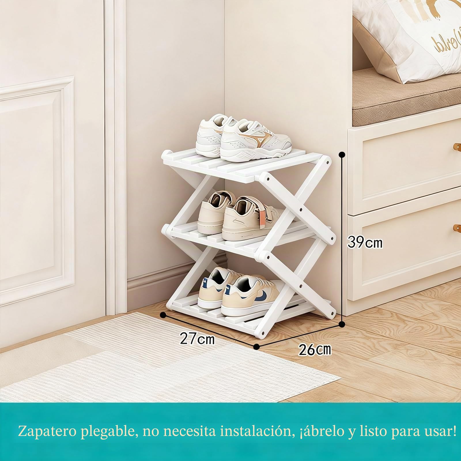 Zapatero pequeño Blanco, Organizador de Zapatos Plegable de bambú de 3 Niveles, Estante Independiente para Entrada, Dormitorio, Armario, Sala de Estar, no Requiere instalación (White, 3 Tier)