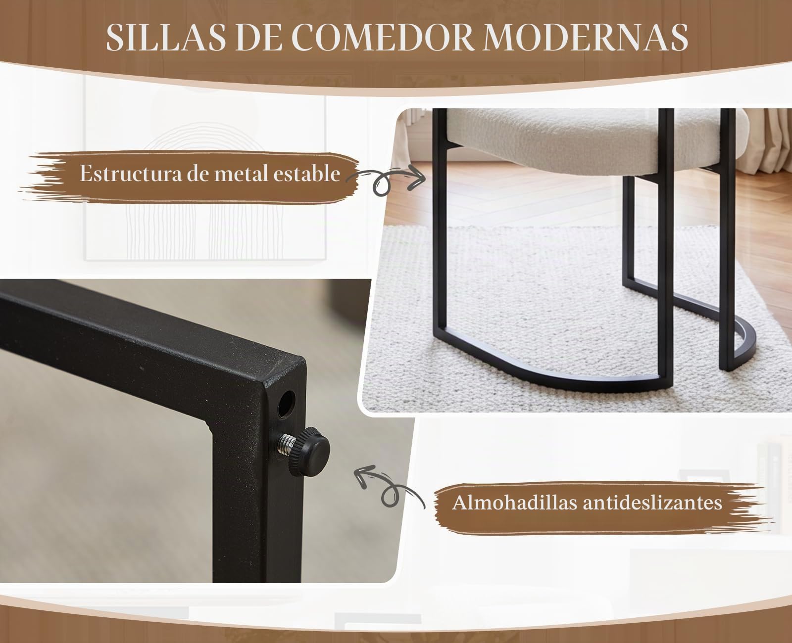 Ya-Home Juego de 2 Silla de Comedor Silla Cocina de Lana Sintética, Blanco | Asiento Tapizado de Lana Sintética, Patas de Metal Antideslizantes, Respaldo Curvado, Cojin Grueso, para Hogar/Restaurante