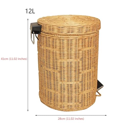 Miniatura 3 de Cubo de basura redondo de mimbre con tapa, cubo de basura tejido a mano tipo pie, cubo de basura separado en oficina y sala de estar, canasta de