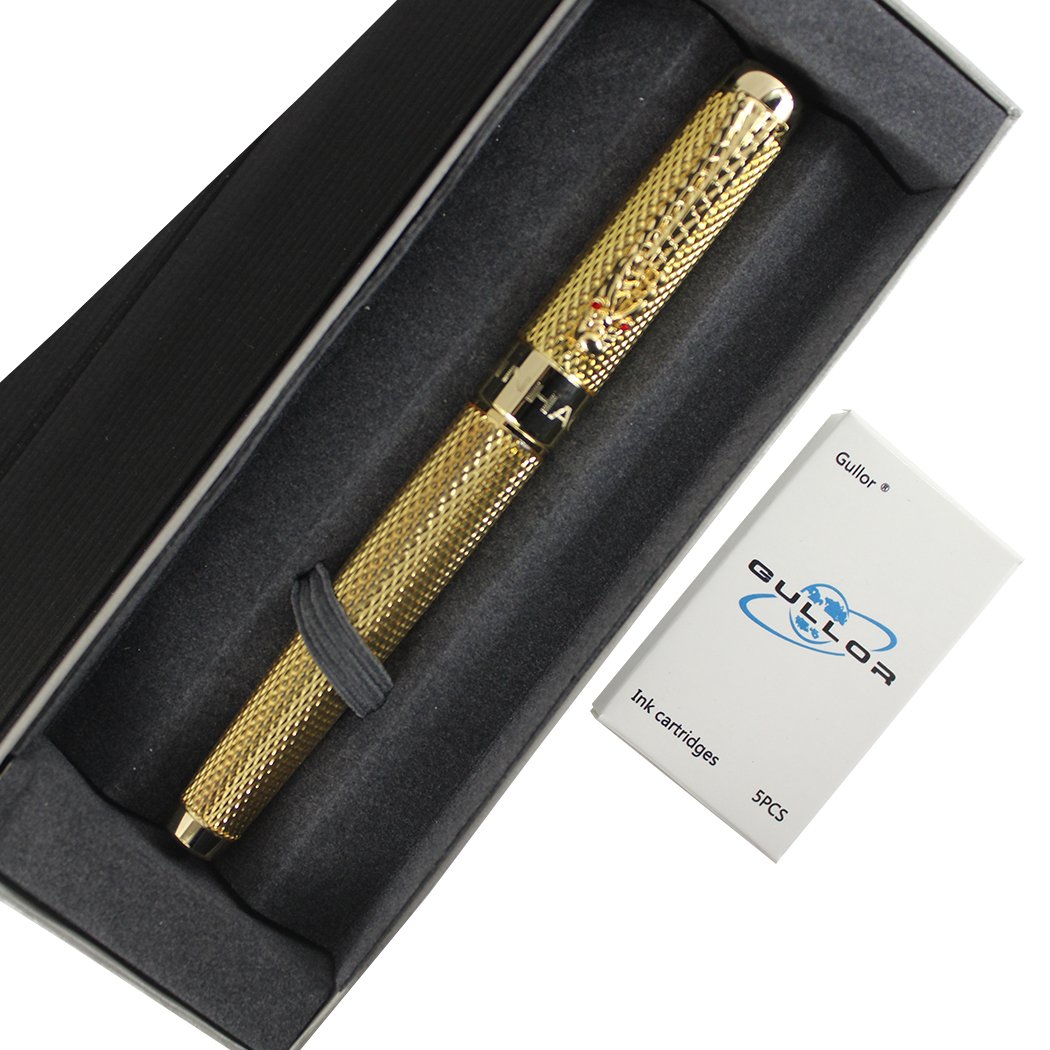Jinhao Golden Dragon Red Crystal Eyes Fountain Pen with Push in Style Ink Converter Golden - Image 4