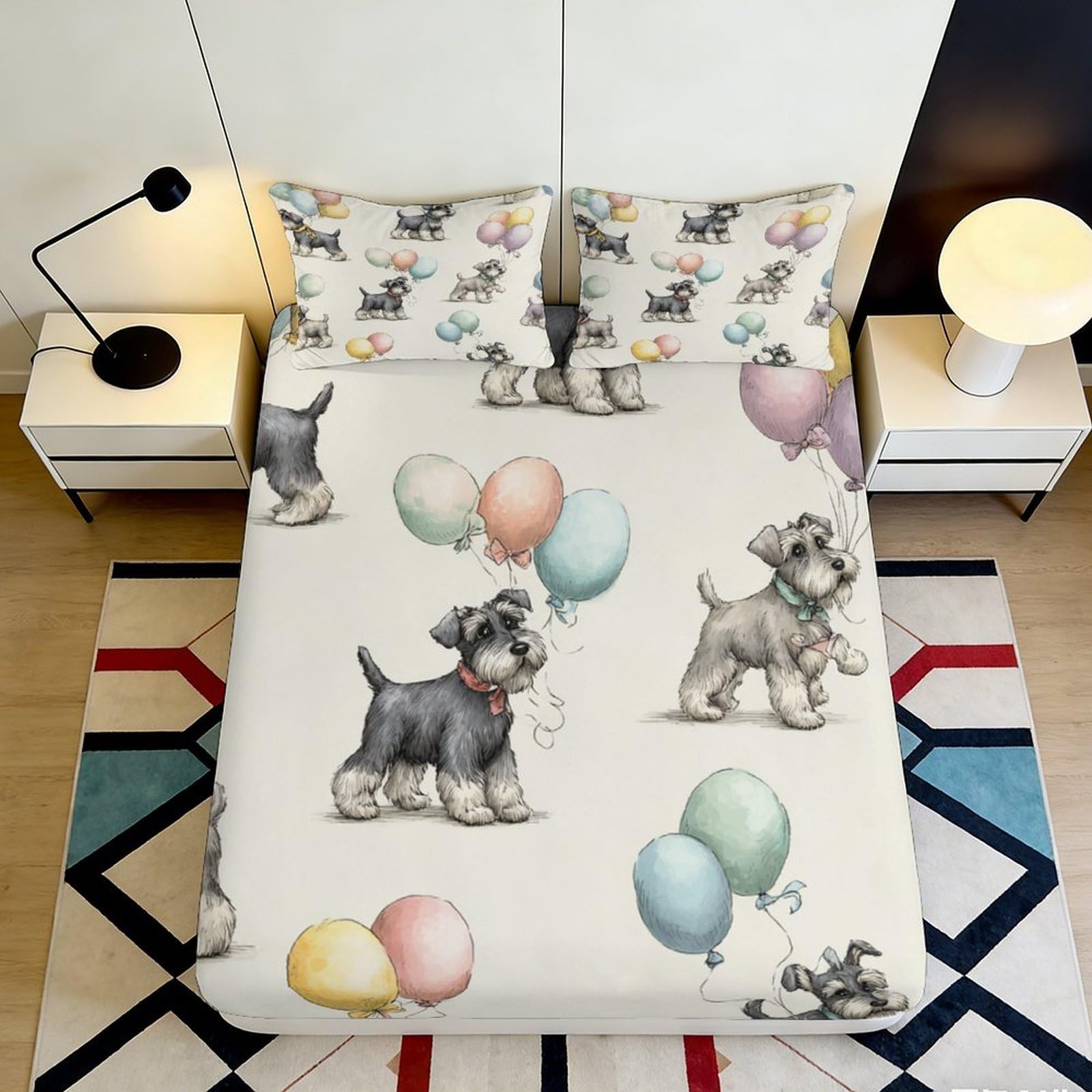 Pnayamiorkfel Style-7 3D Printed Schnauzer Balloon Fitted Sheet Microfiber Soft Decorative Bed Cover For Bedroom Guest Room Dorm Mattress Protection 90X200x25cm