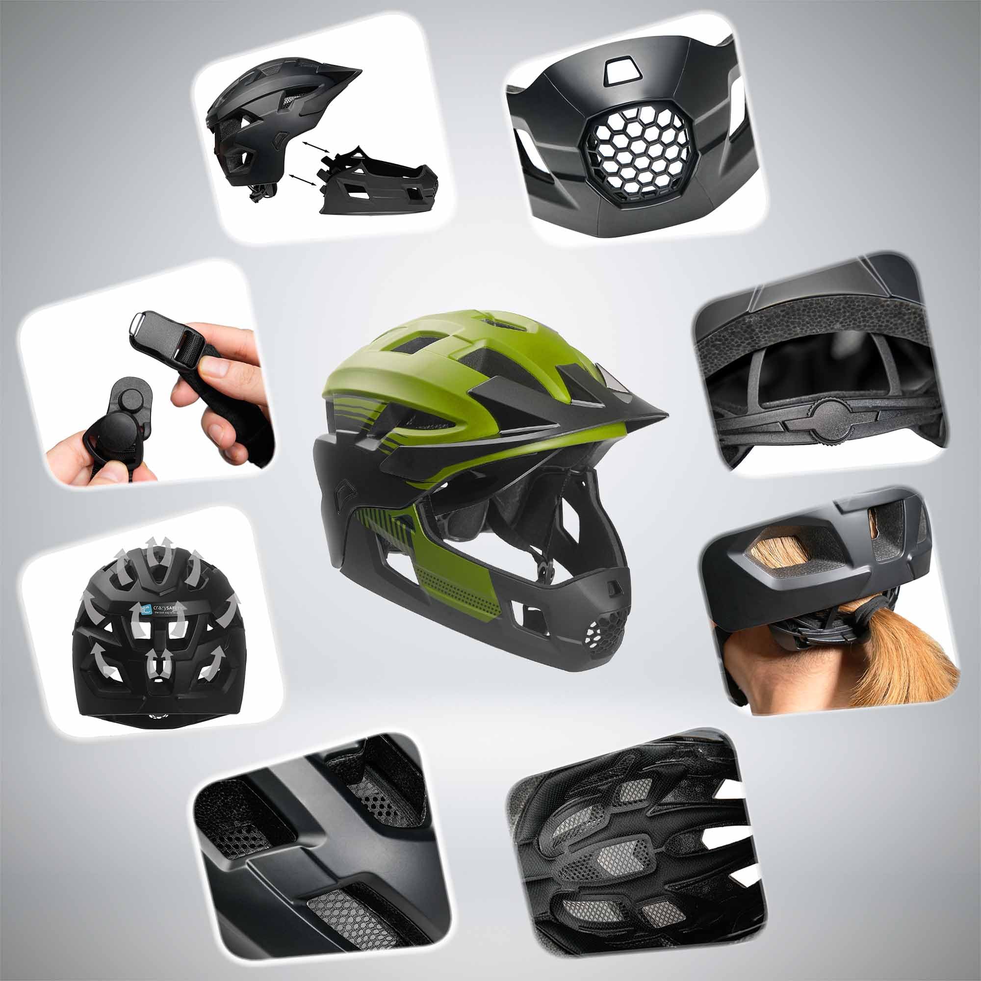 Crazy Safety Casque Vélo Intégral - Vert | Casque 2-en-1 pour BMX, VTT, Patinage | Casque Enfant intégral avec mentonnière Amovible | Casque de Motocross Taille M 54-57 cm | Ajustement sécurisé