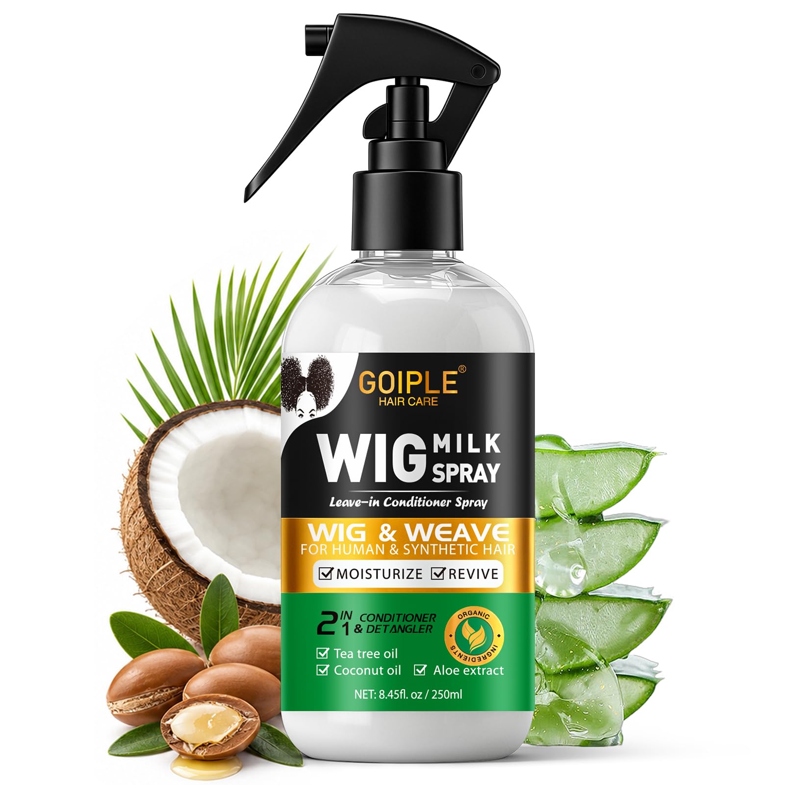 Wig Milk Spray for Synthetic Hair, Leave-In Conditioner Wig Detangler Spray for Human Wigs, Conditioner ＆ Detangler 2 in 1 Moisturizer, Hydrates & Replenishes Synthetic Hair Wigs Easy Combing 250ML