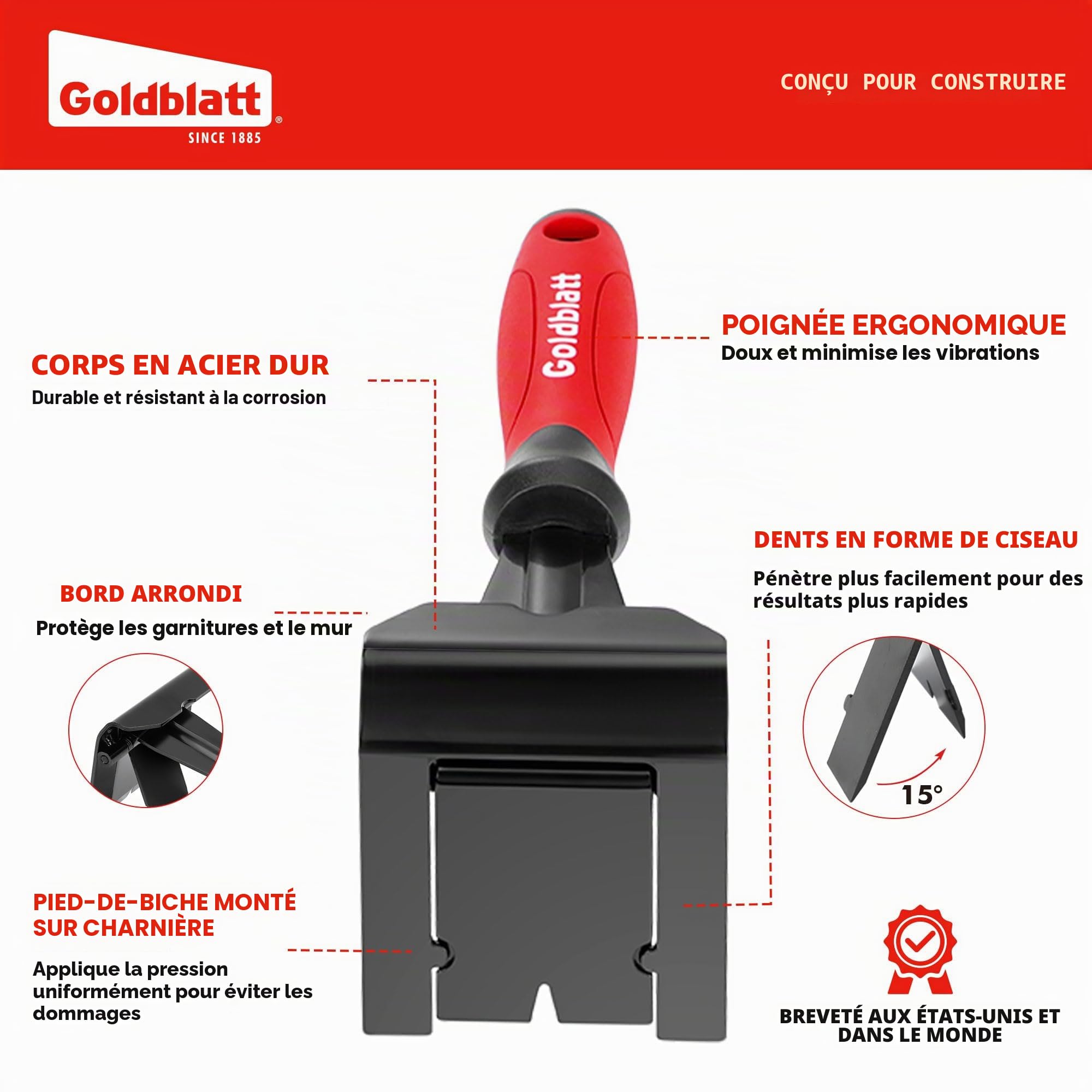Goldblatt Extracteur de garniture, extracteur de moulage de 7,6 cm pour ne pas endommager la surface, outil multifonction pour retirer les barres de moquette, plinthes, moulage, revêtement et retrait