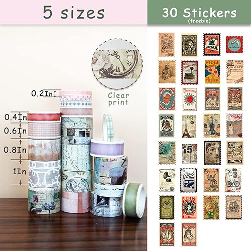 Miniatura 2 de NIKOMIE Juego de 20 rollos de cinta washi vintage y 30 calcomanías antiguas para pósteres de periódico, cinta adhesiva estética para suministros de