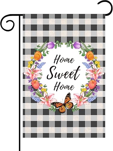 Iutumo Home Sweet Home - Bandera de jardín de 12 x 18 pulgadas doble cara corona floral y cuadros de búfalo blanco y negro pequeño cartel vertical