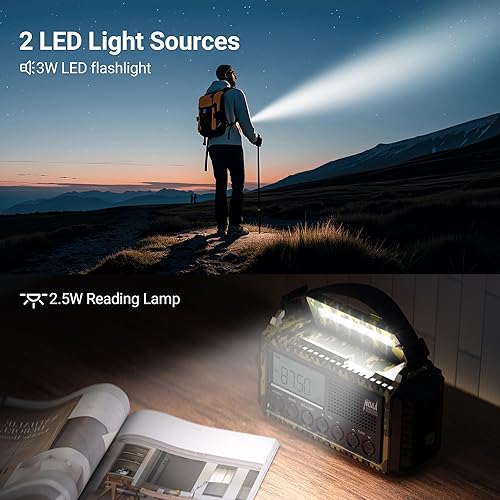 Miniatura 5 de Radio de emergencia 12000, radio meteorológica digital automática portátil AM FM SW NOAA, radio solar recargable con manivela con linterna, cargador