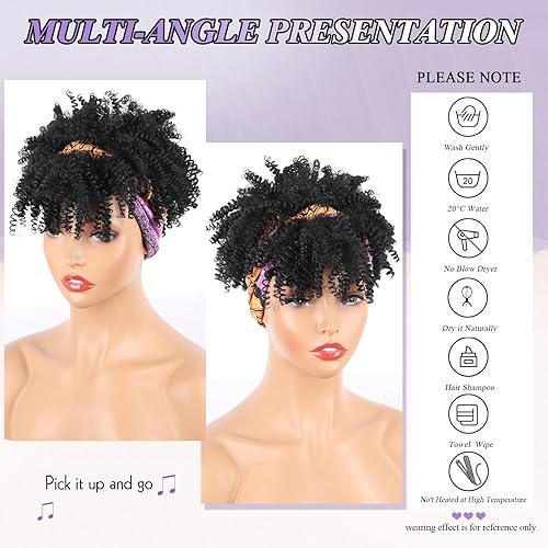 Miniatura 4 de LEOSA Peluca negra con flequillo pelucas cortas afro para mujeres negras pelucas de bufanda rizada afro peluca negra con diadema adjunta pelucas