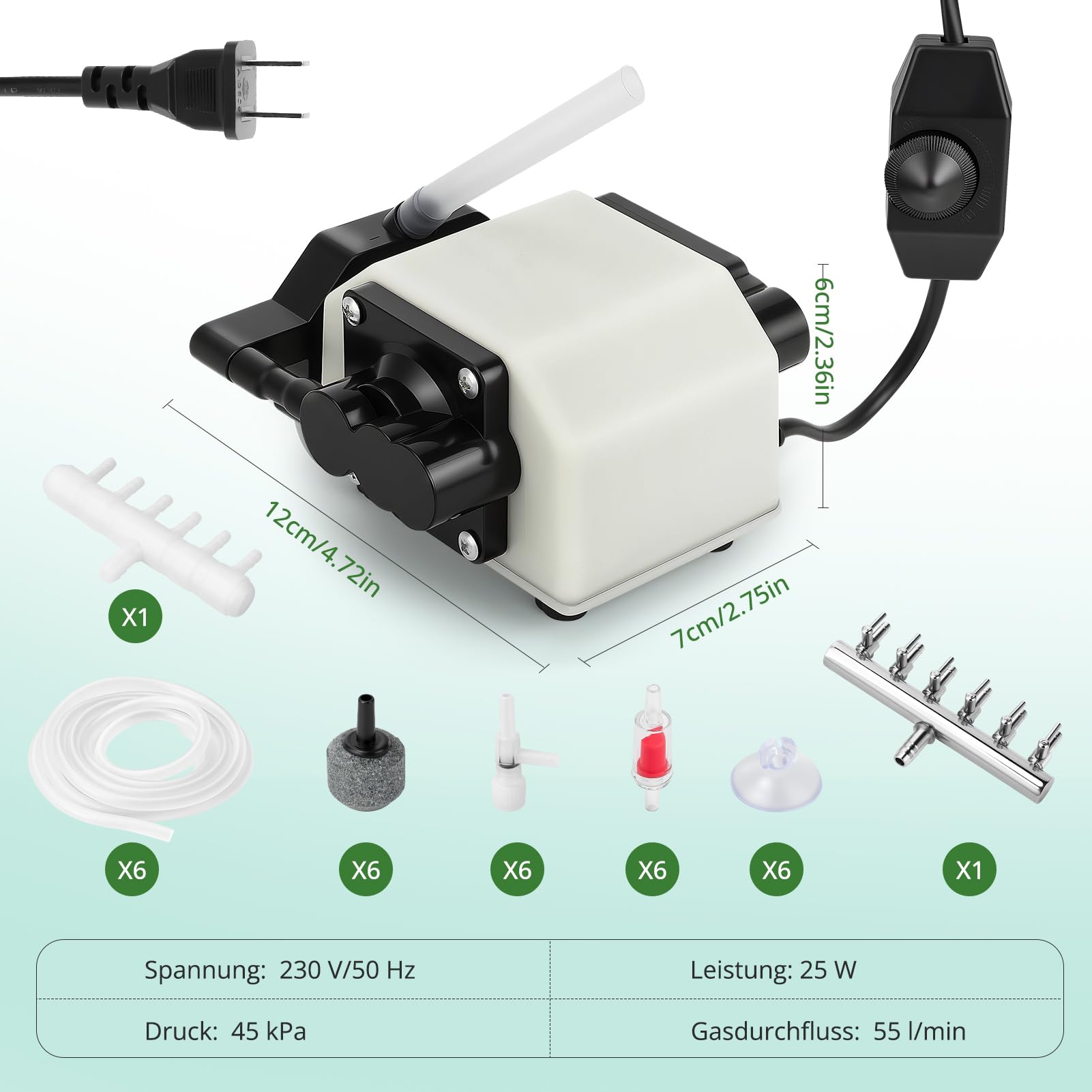Aquarium Luftpumpe mit 6 Ausgängen – 25 W regelbare Sauerstoffpumpe für Aquarien & Gartenteiche, leiser Belüfter mit Magnetantrieb, bis 3 m Tiefe, 55 l/min (3300 l/h)