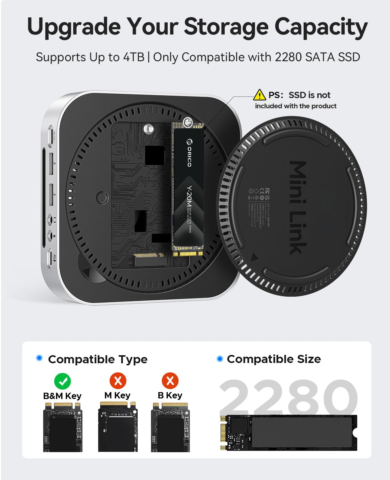 ORICO MiniLink Mac mini M4 Hub z obudową SATA SSD, port USB 3.0 5 Gb/s, czytnik kart SD 3.0/TF 3.0, gniazdo słuchawkowe 3,5 mm i gniazdo mikrofonowe (M410P)