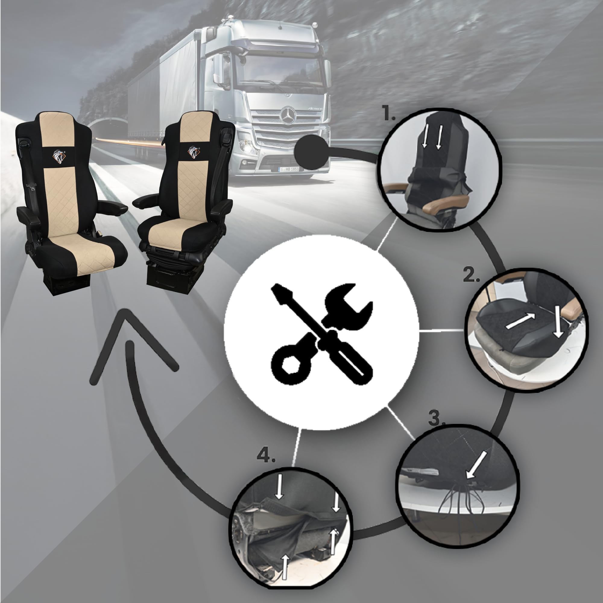 SABA Funda de Asiento para Mercedes ACTROS MP4, AROX de 2011, MP5 de 2019, Asiento de Pasajero sin suspensión Beige Accesorios de protección para Asientos de Camiones