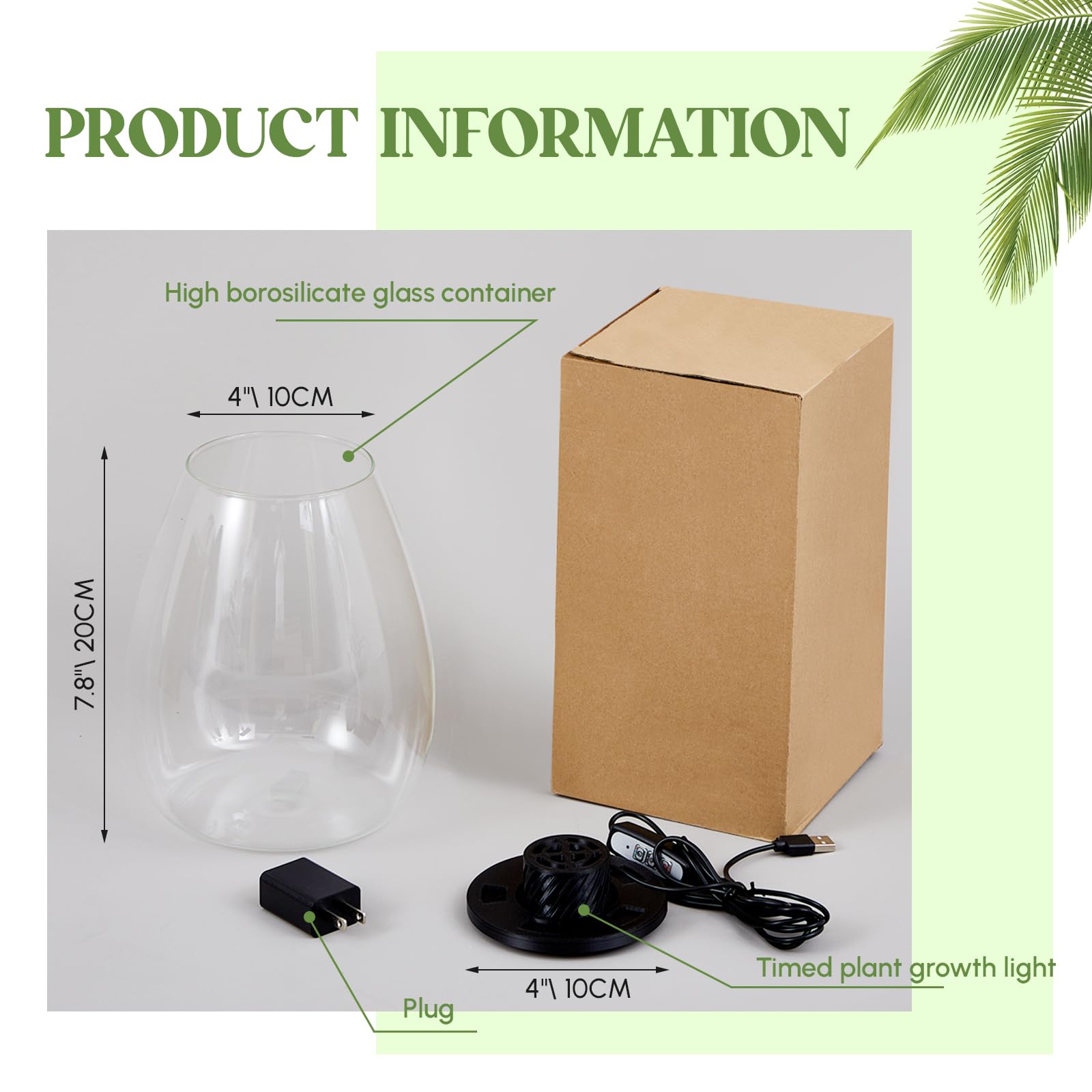 Maxdot Kit de terrario de vidrio con luz LED de crecimiento, terrario de escritorio para trampa de moscas Venus, suculentas, musgo y jardín en miniatura, maceta de escritorio de vidrio de borosilicato