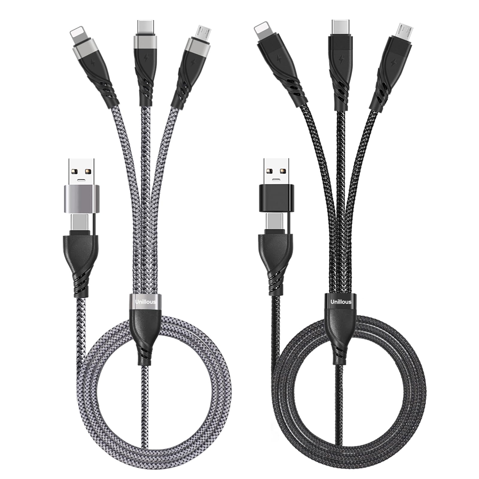 Unillous Multi Charging Cable (2Pack 4FT), 6 in 1 USB A/C Charger Cable Nylon Braided Multiple USB Cable Universal Charging Cord with Type-C, Micro